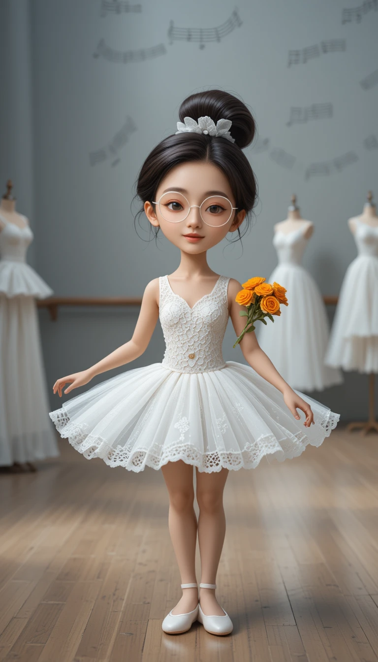 Joven bailarina alegre con tutú blanco y flores naranjas