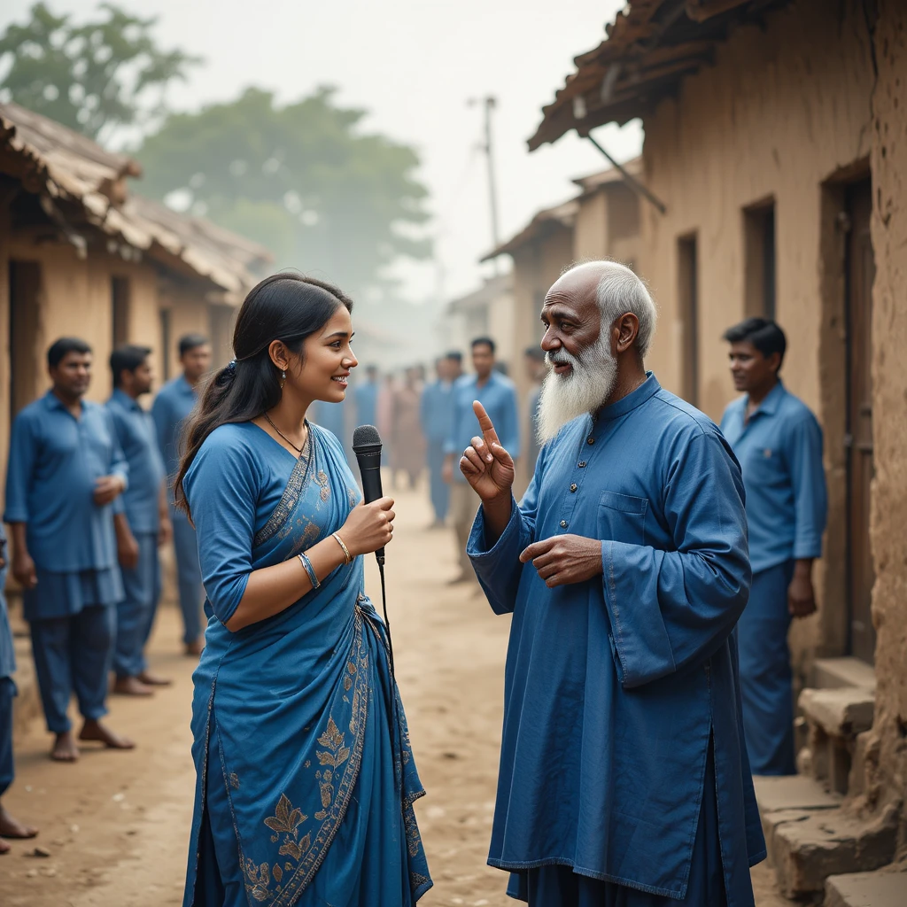 Weibliche Reporterin interviewt Dorfbewohner in einer ländlichen Gasse in Indien
