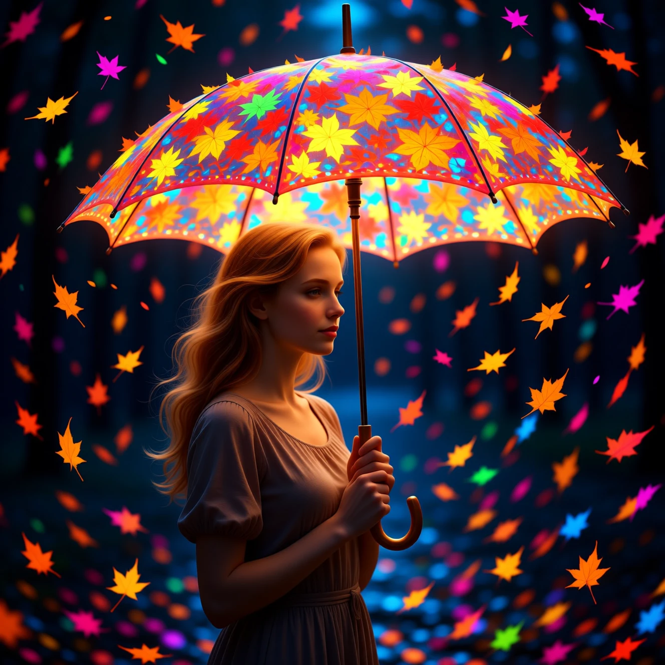 Serene woman under glowing autumn leaf parasol at night