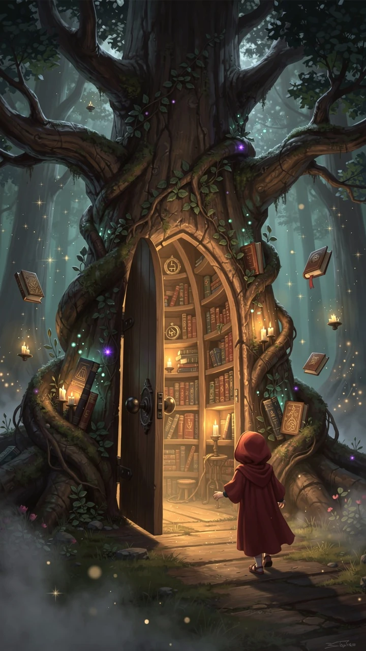 Girl entering a hidden library inside an ancient oak tree