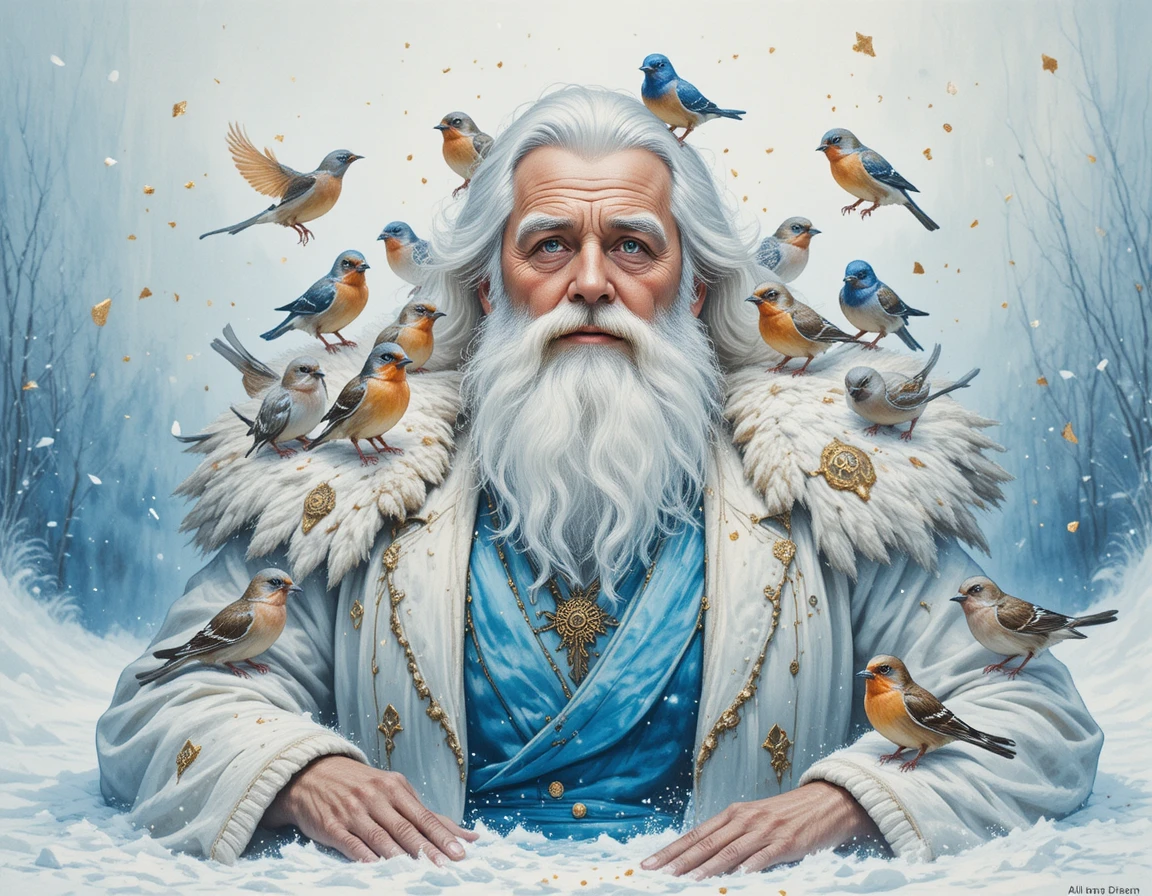 Doux vieil homme de neige entouré d’oiseaux colorés