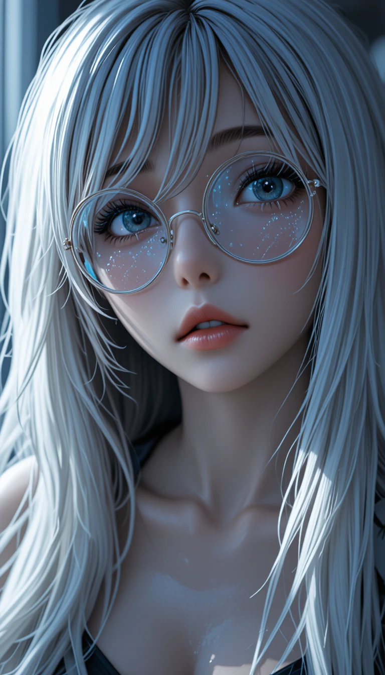 Anime girl close up with silver round glasses and white hair