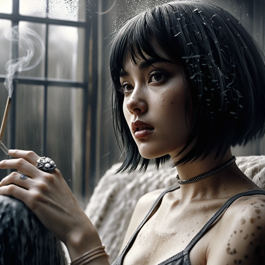 Melancholic Asian woman smoking by a rainy window