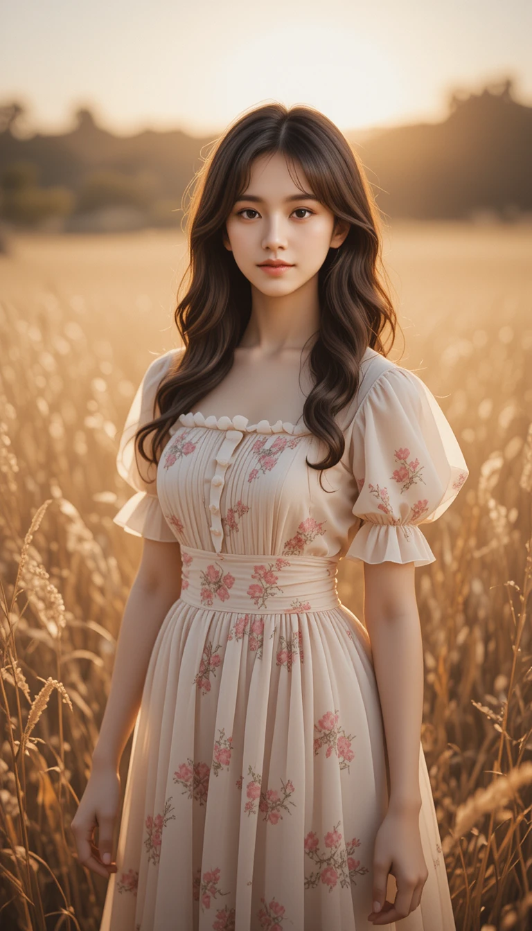 Young woman in golden grass at sunset field