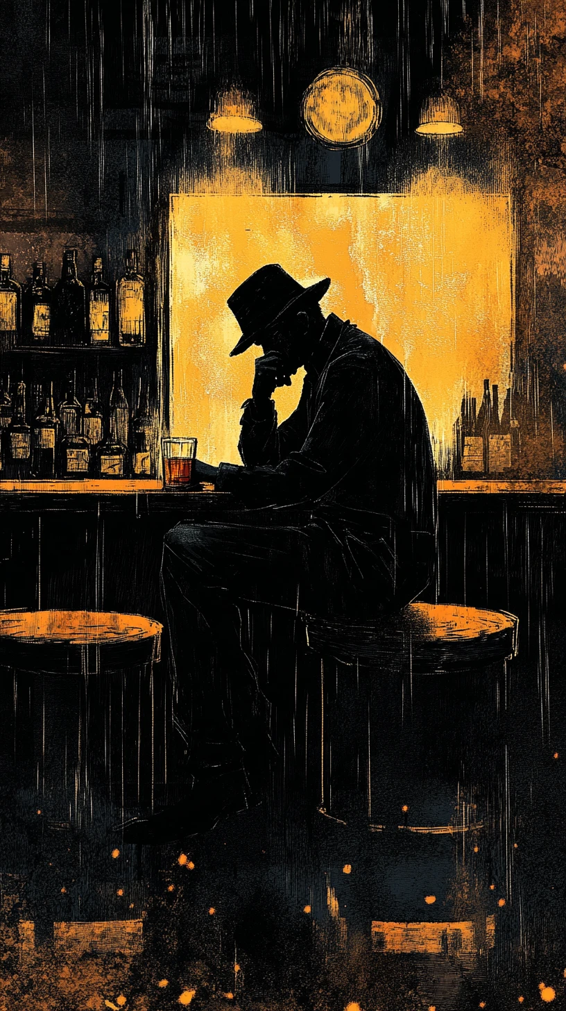 Detective solitario en un bar tenue al estilo cómic noir