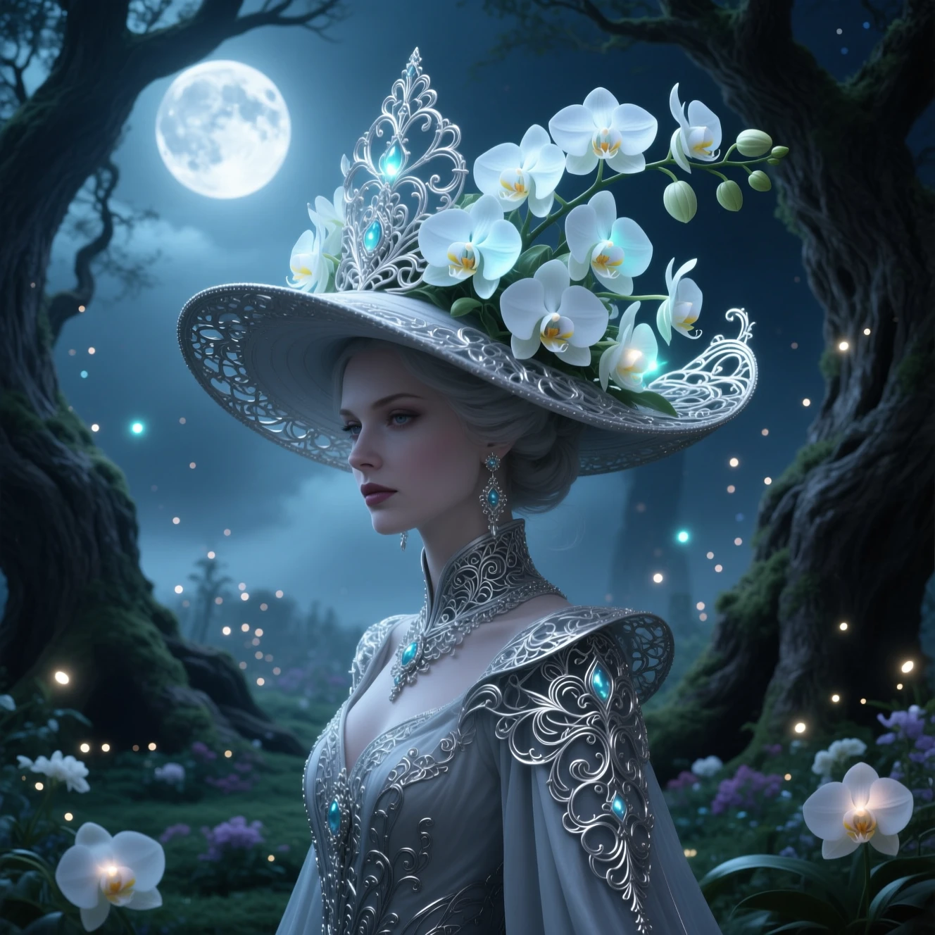 Moonlit queen in an enchanted garden of glowing orchids