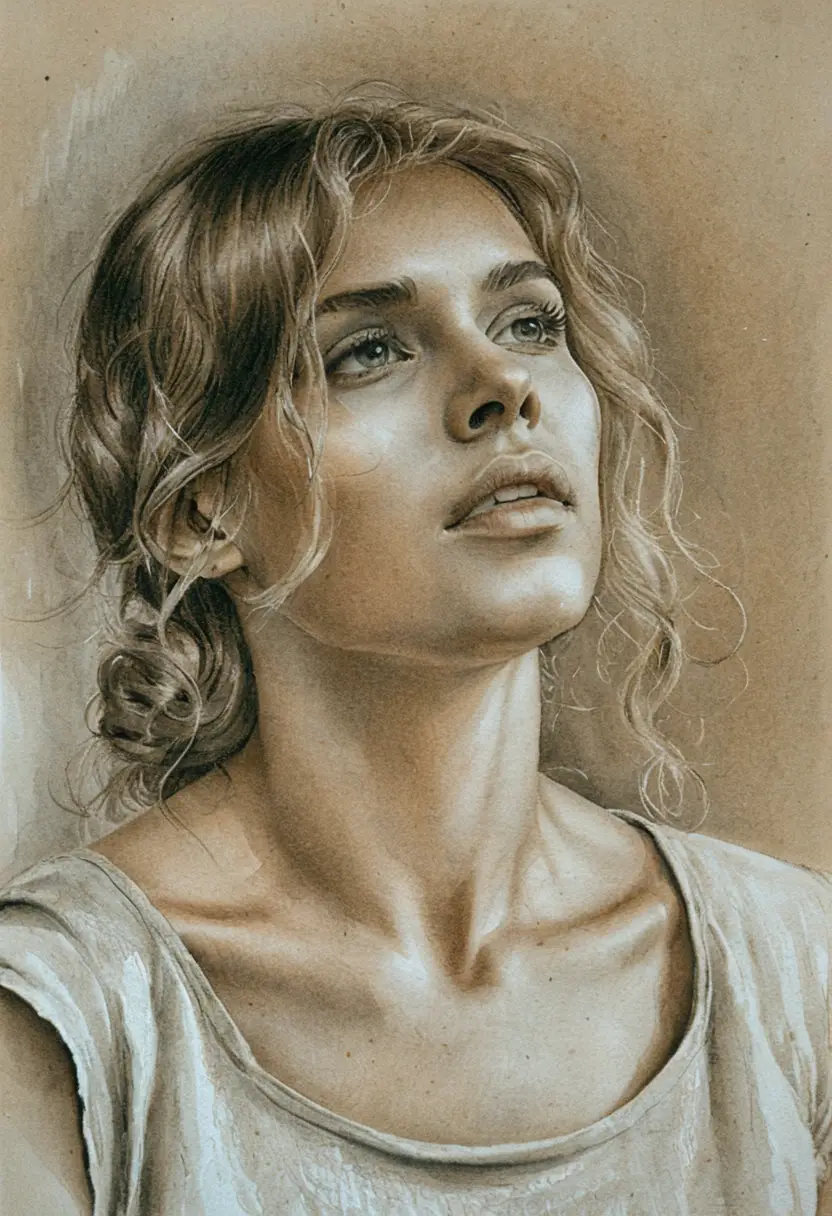 Charcoal portrait of a serene young woman on gray paper