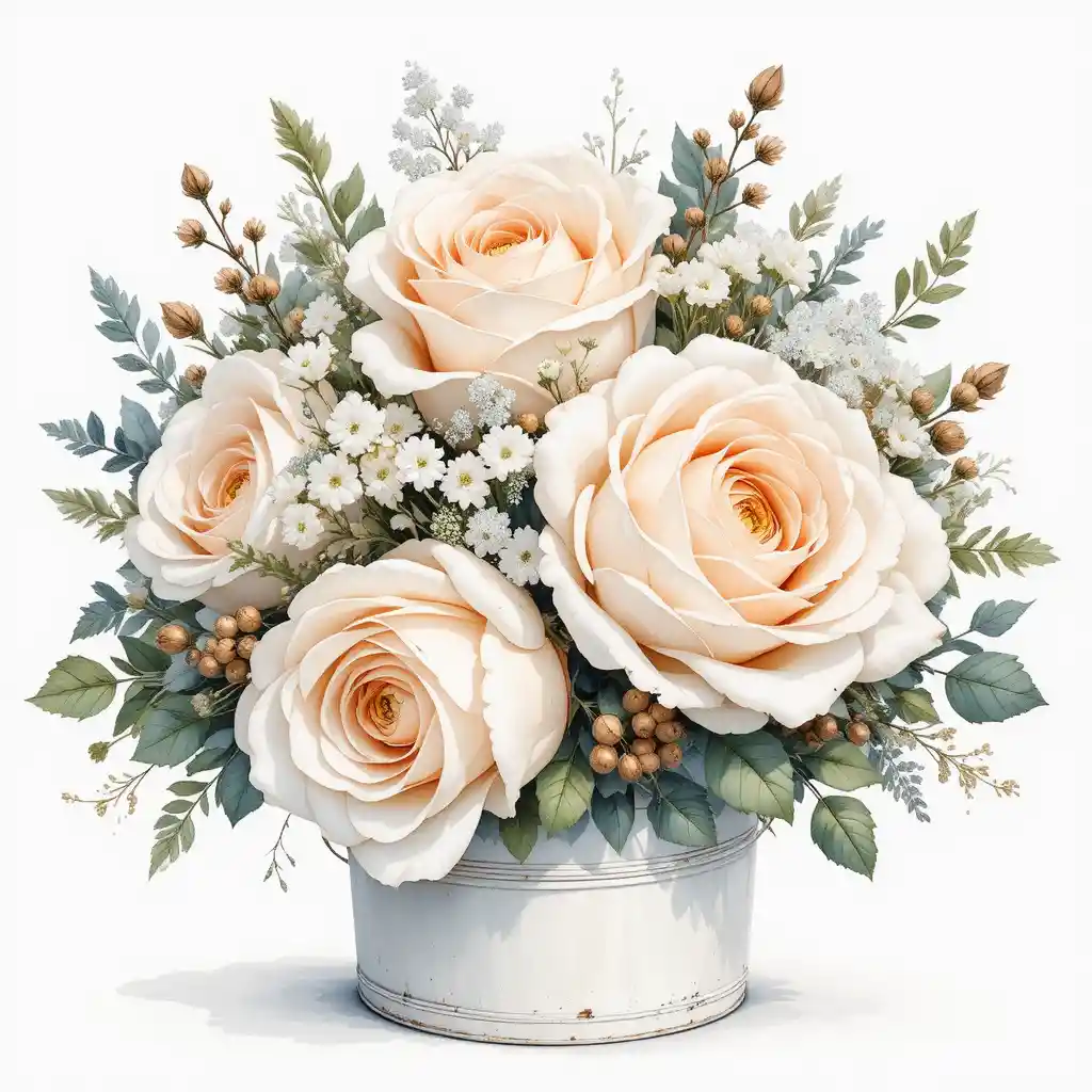 Watercolor close up of white rose bouquet in box