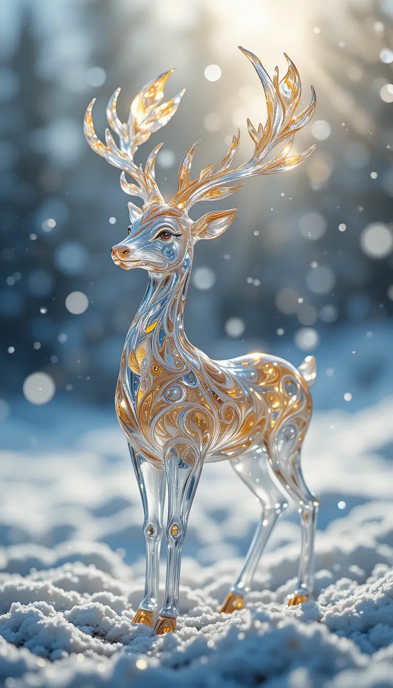 Glas-Rentierskulptur, die sanft im Winterlicht leuchtet