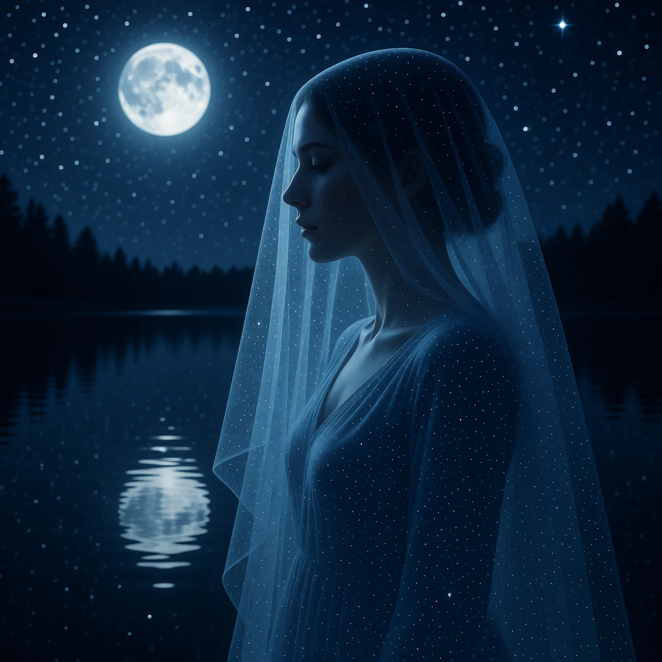 Veiled woman in side profile by a moonlit reflective lake