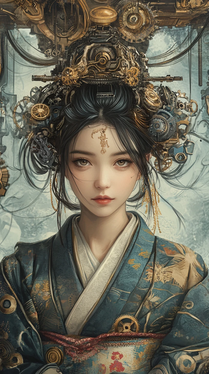 Steampunk geisha in ornate mechanical kimono portrait
