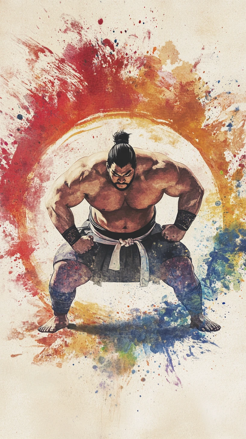 Focused sumo wrestler in dynamic watercolor ink circle