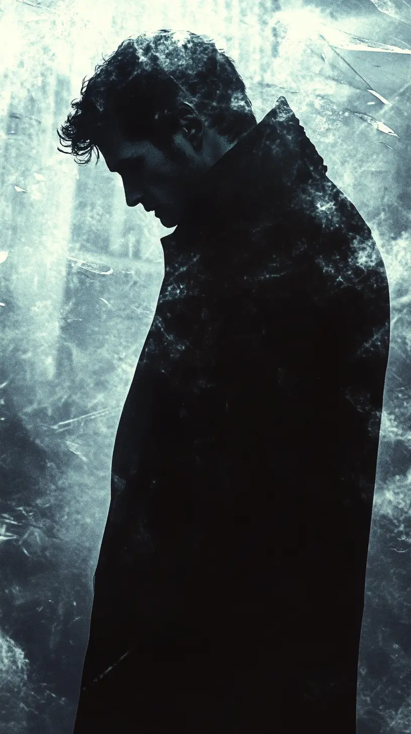 Mysterious man in coat amid shattered urban darkness