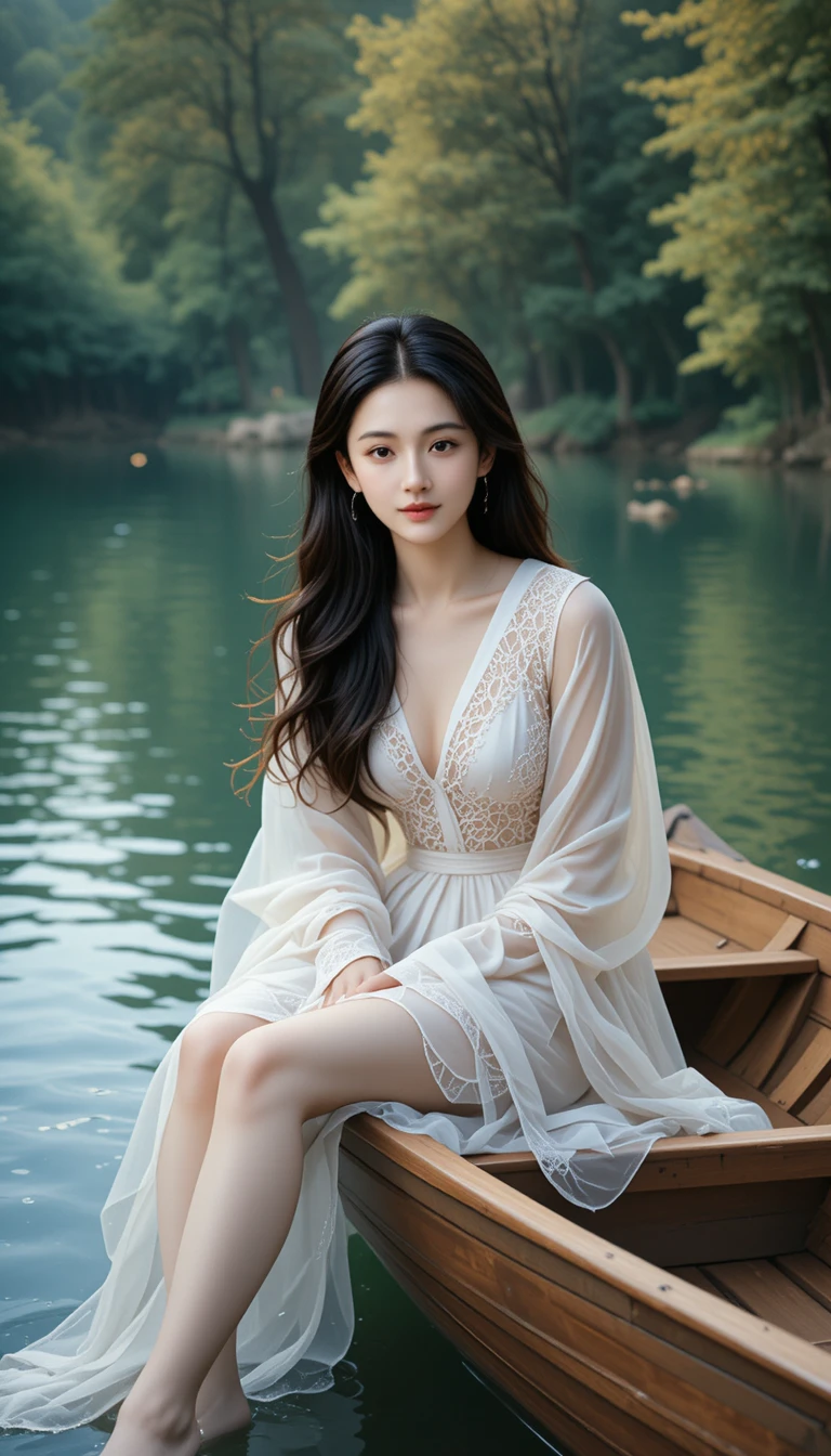 고요한 호수 위 배에 기대어 누운 젊은 여성