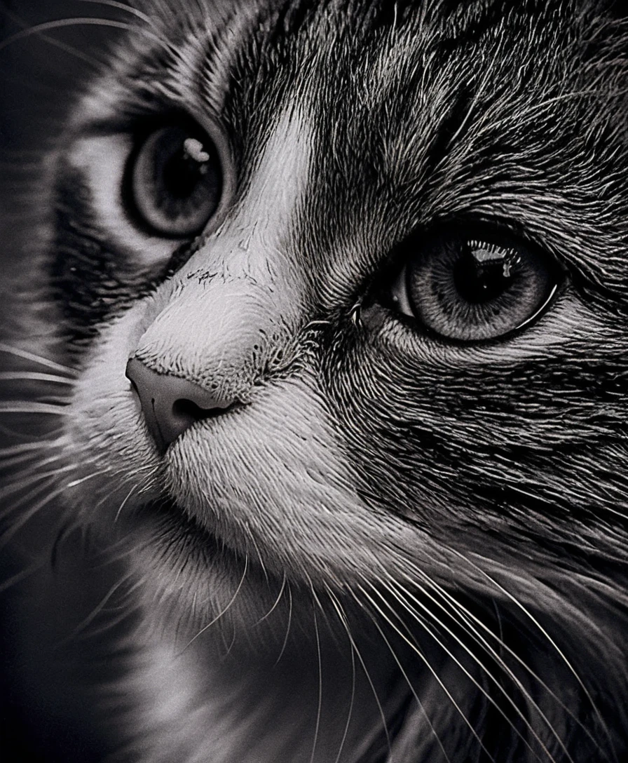 Ritratto in scratchboard di un gatto nero in primissimo piano