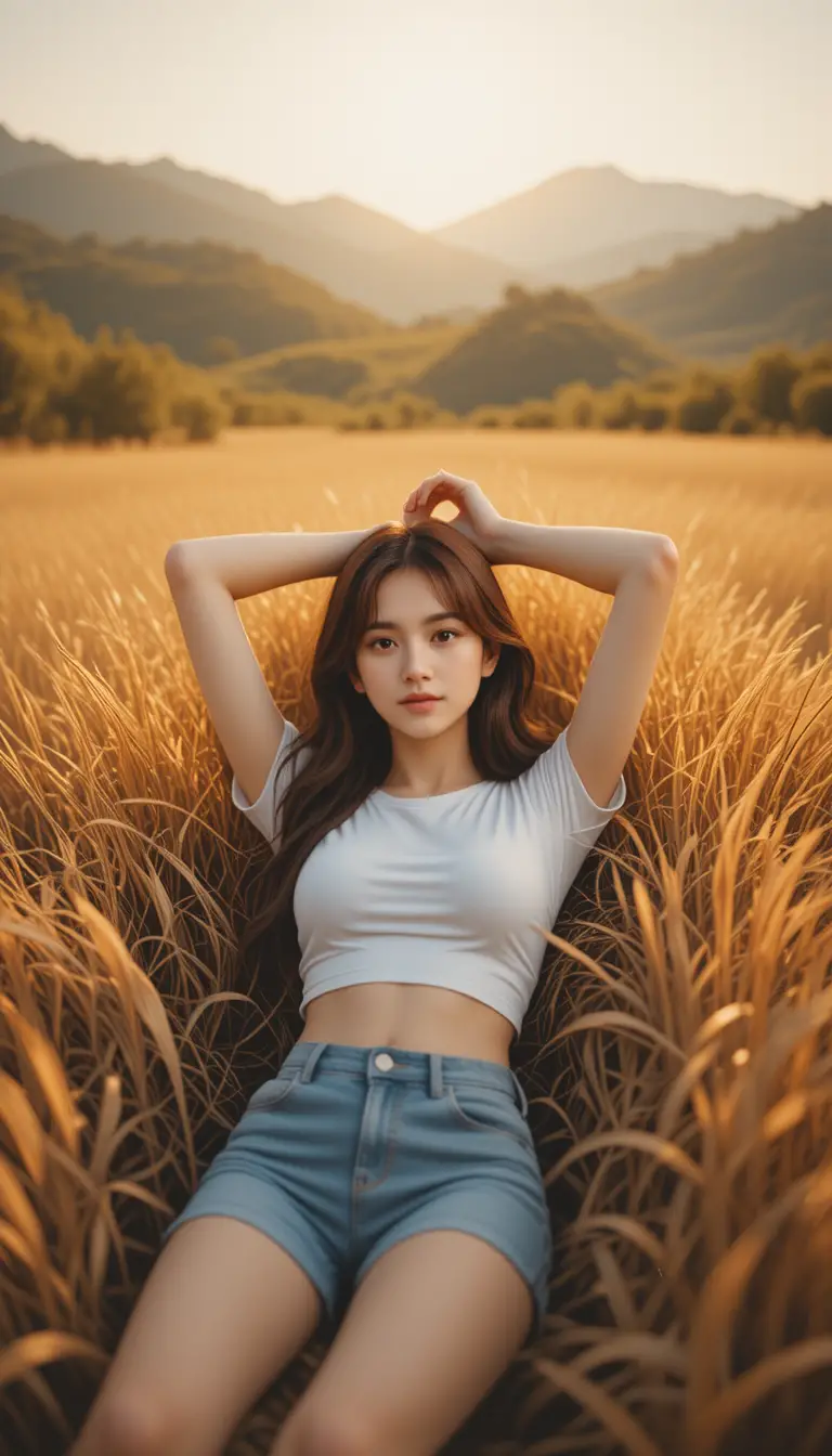 Young woman relaxing in a golden countryside field