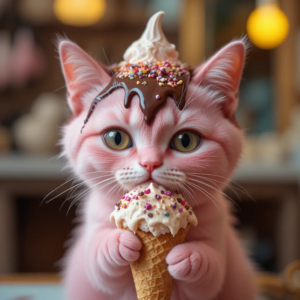 Pink cartoon cat with ice cream cone hat looking bored