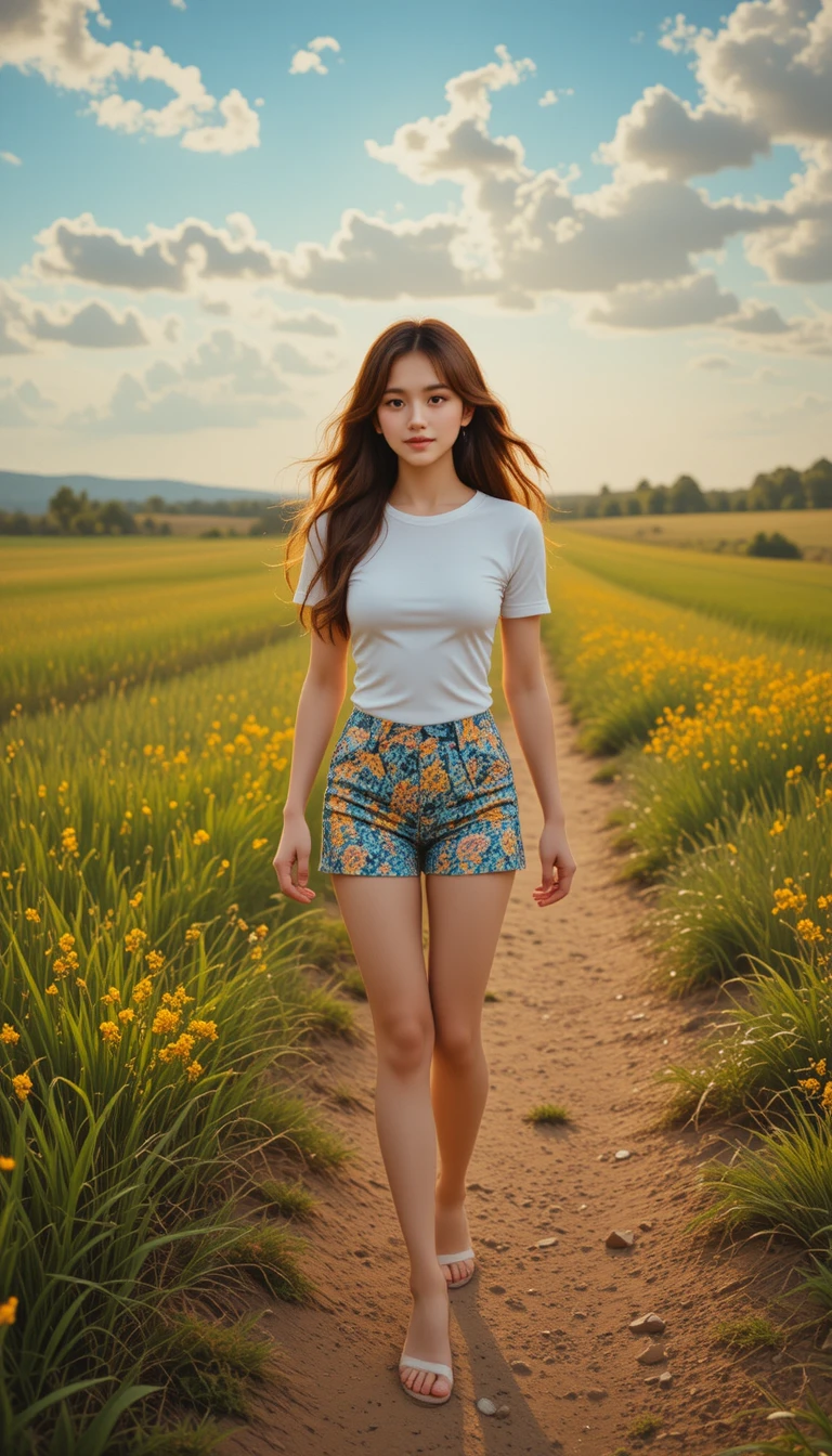Young woman walking along a dirt path in summer fields