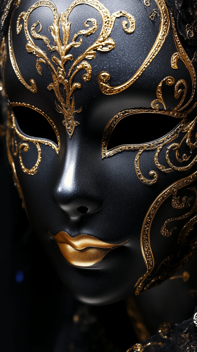 Ritratto ravvicinato di lussuosa maschera veneziana nera e dorata