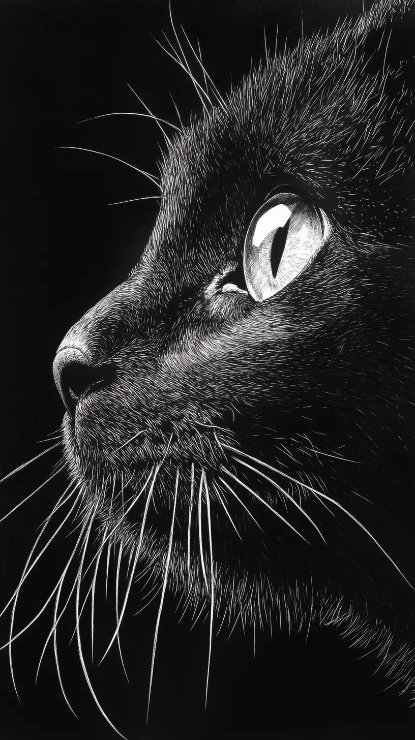 Extreme close up scratchboard portrait of a black cat face
