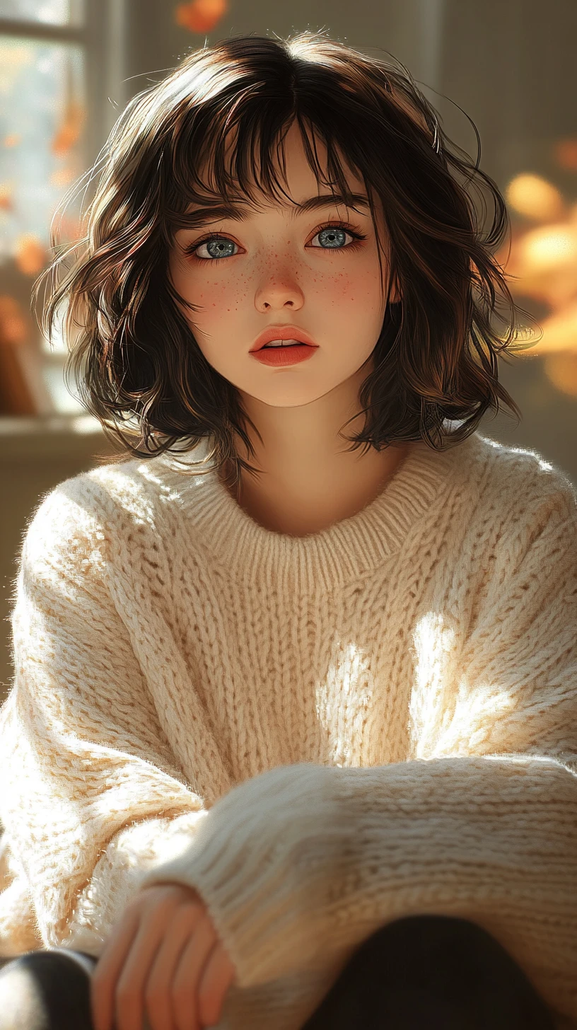 Pensive girl in cozy sweater lit by dramatic sunlight