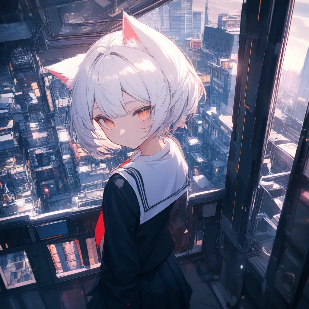 White haired anime schoolgirl with cat ears indoors
