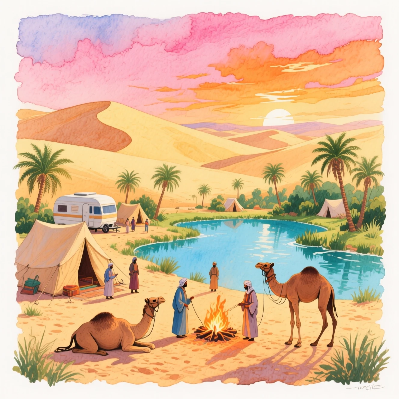 Caravana Descansando em um Oásis no Deserto ao Pôr do Sol Aconchegante