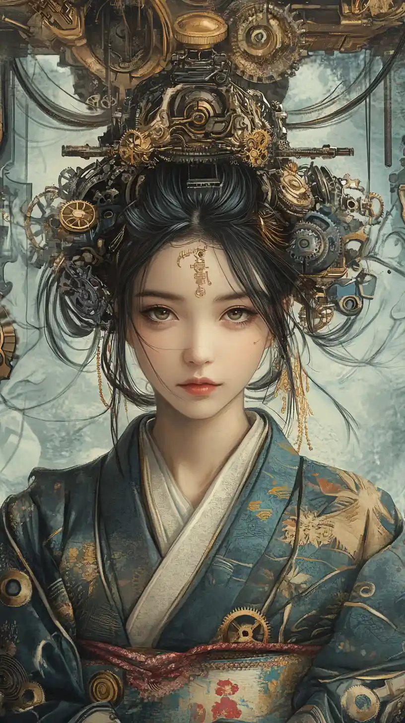 Steampunk-Geisha in prunkvollem mechanischem Kimono-Porträt