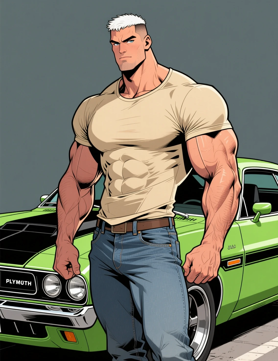 Massively muscular man beside a safety green muscle car