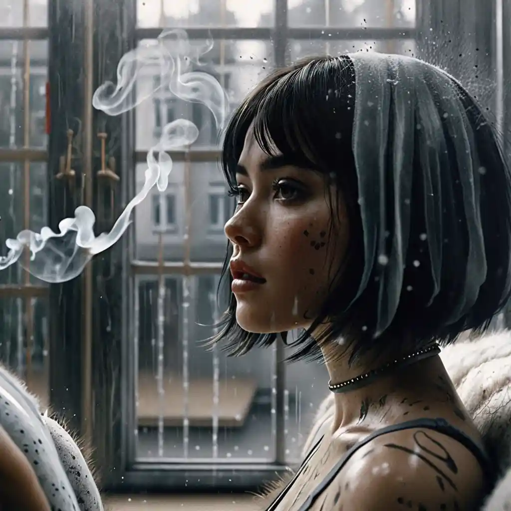 Asian woman smoking by a rainy industrial window