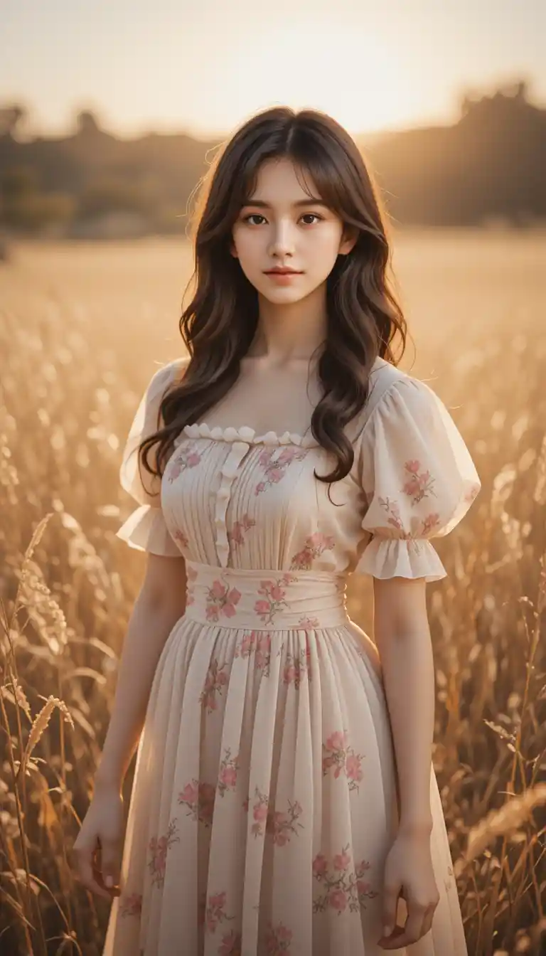 Young woman in golden grass at sunset field