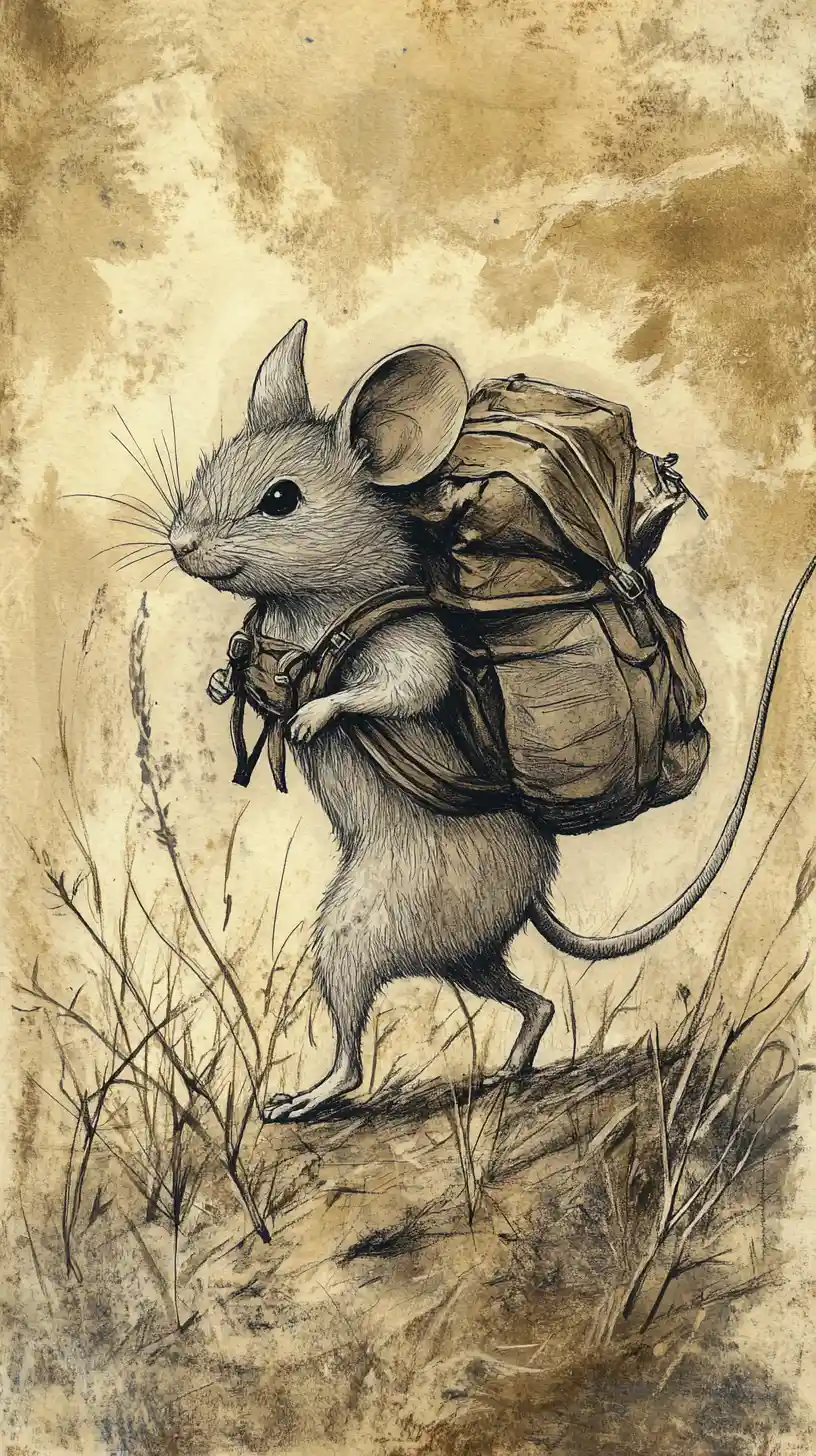 Petit souris voyageur portant un lourd sac à dos