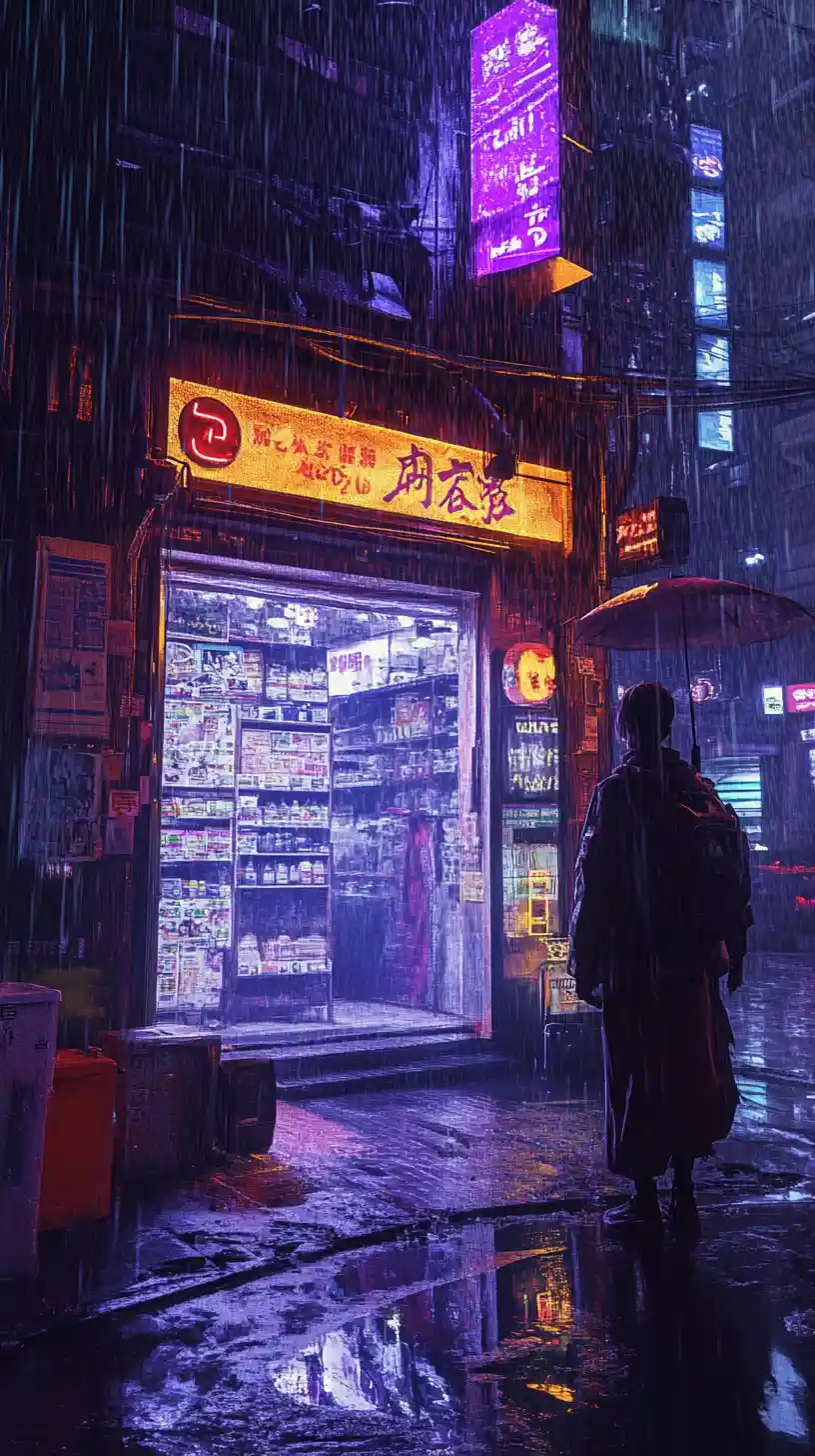 Lonely figure in a neon cyberpunk shop doorway
