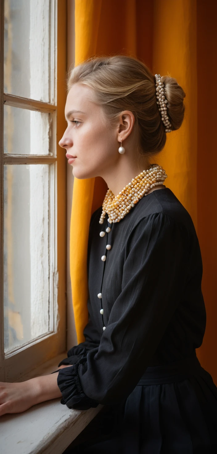 Elegant young woman in profile by a sunlit window