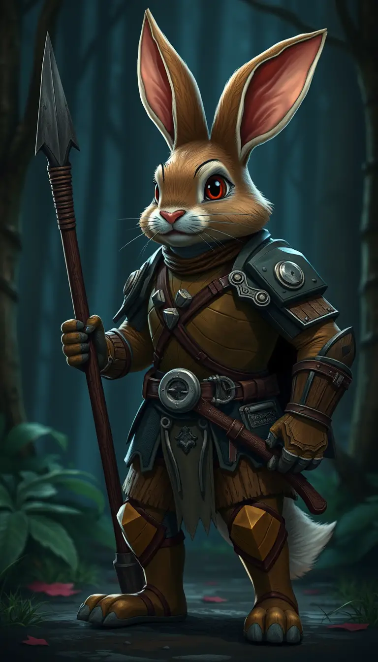Armored rabbit warrior with pike in a dark forest