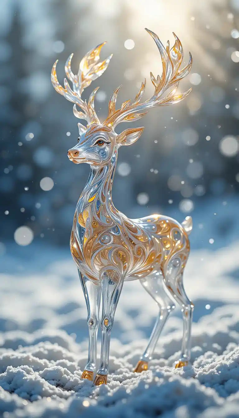 Glas-Rentierskulptur, die sanft im Winterlicht leuchtet