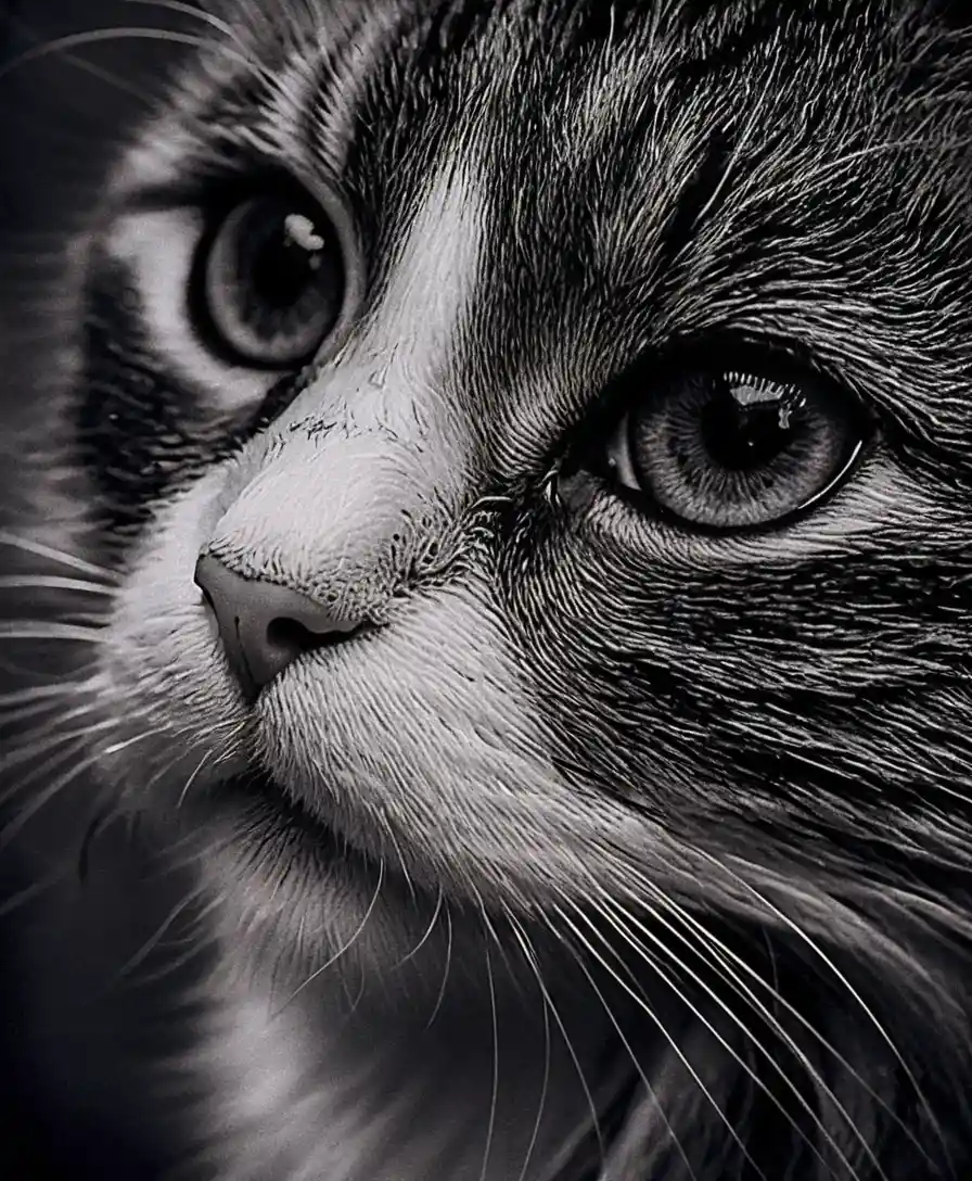 Ritratto in scratchboard di un gatto nero in primissimo piano