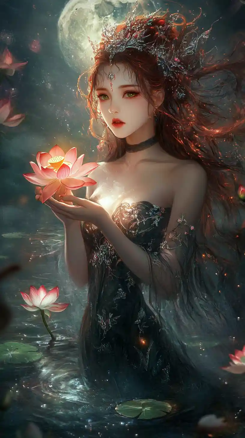 Asian woman with glowing lotus in moonlit water garden