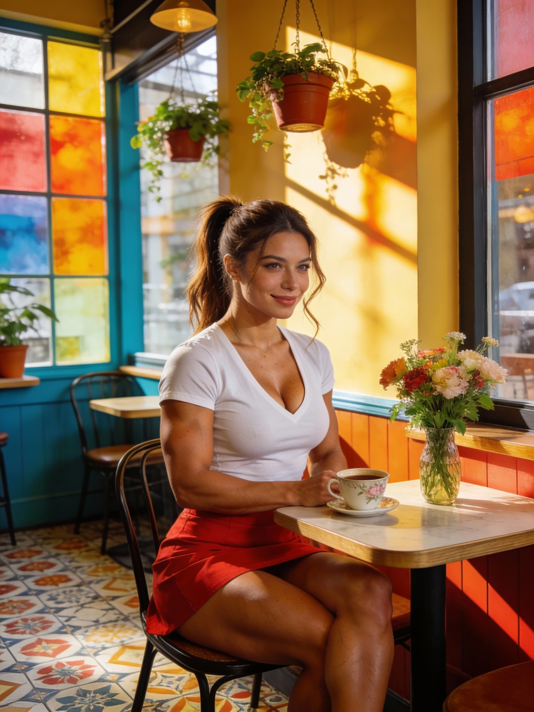 Confident woman relaxing at a colorful cafe table