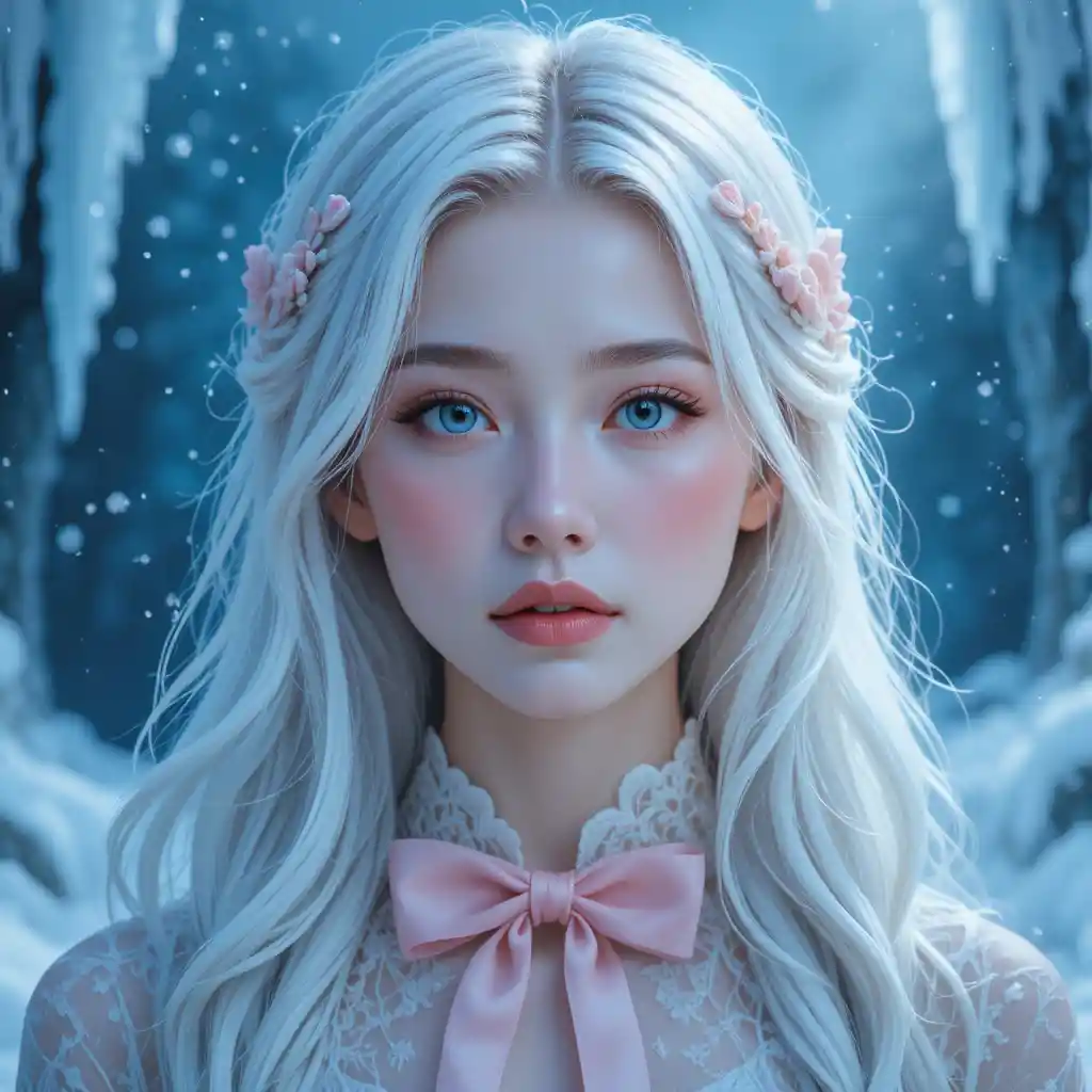 Snowy portrait of a silver haired girl with blue eyes