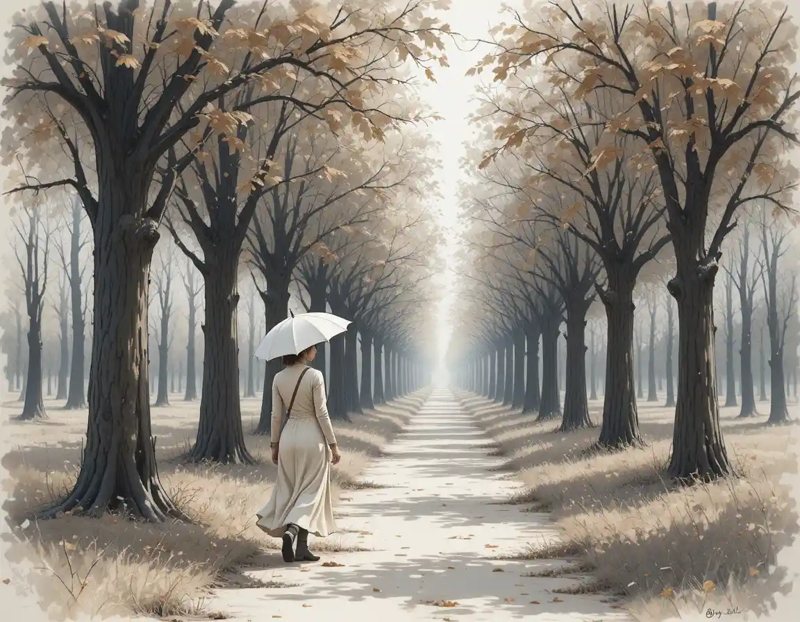 Woman walking beside a man through a quiet autumn park