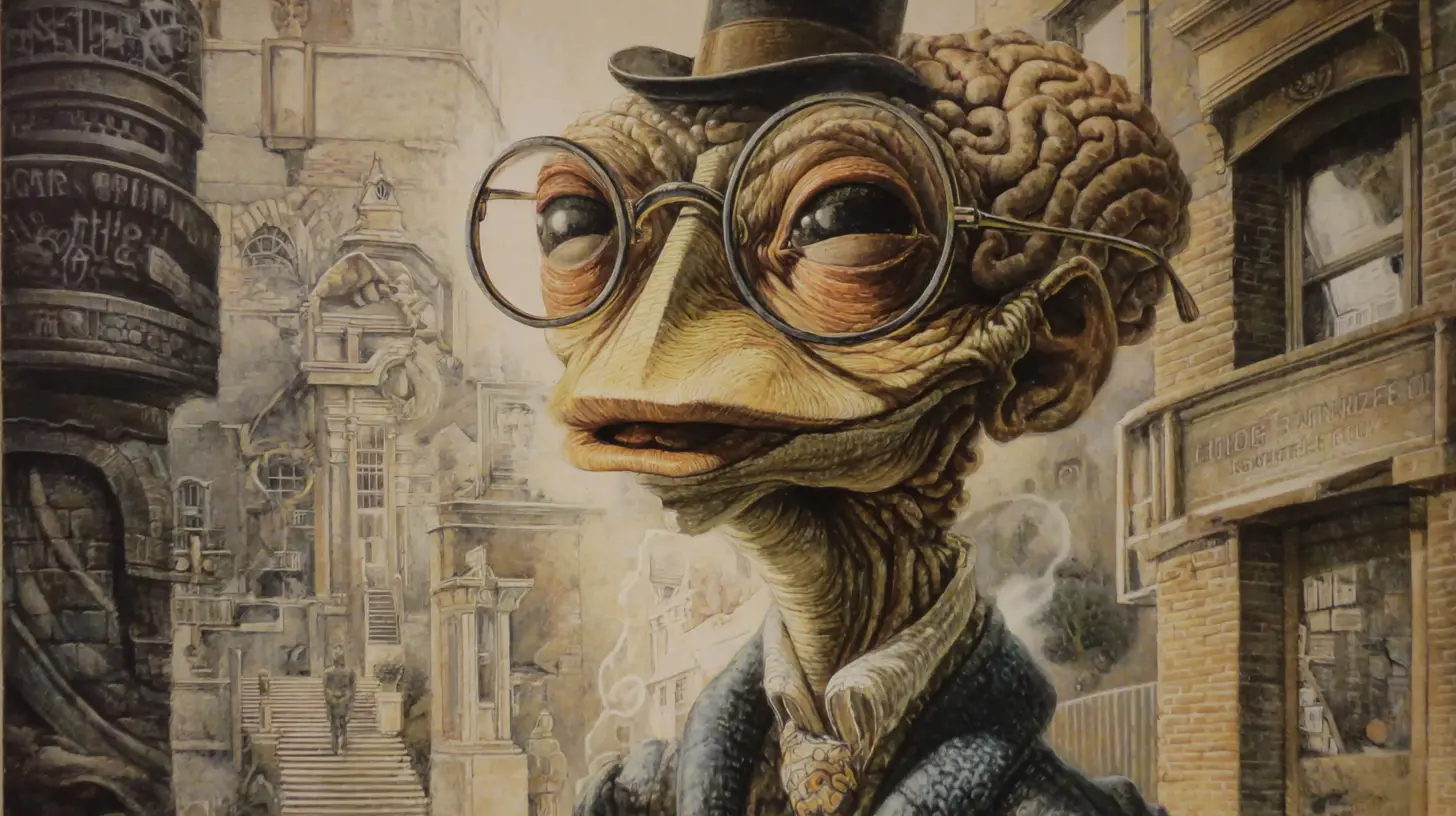 Elegante Creatura Cervello che Passeggia in un Vecchio Vicolo di Londra