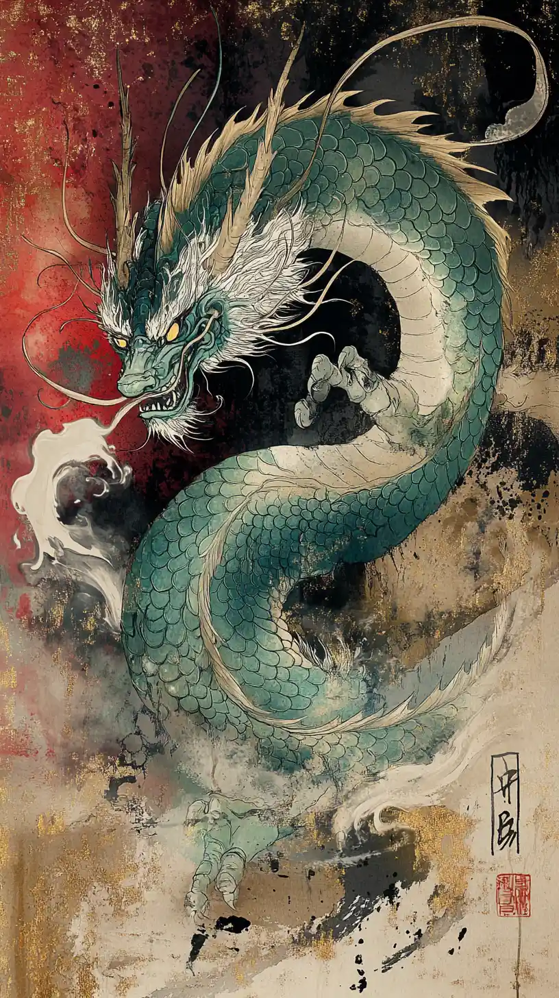 Dragon oriental majestueux dans une scène de peinture à l’encre brumeuse