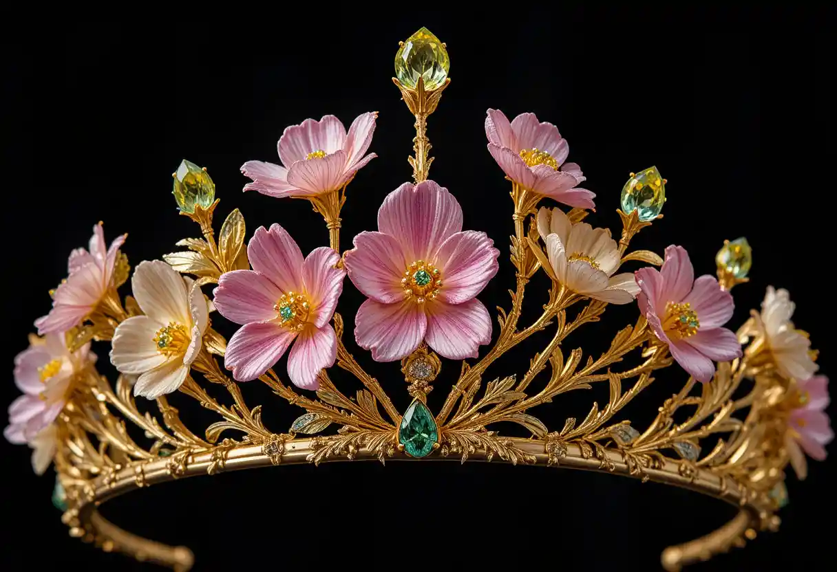 Tiara de ouro com flores de frésia em pedras preciosas sobre fundo preto