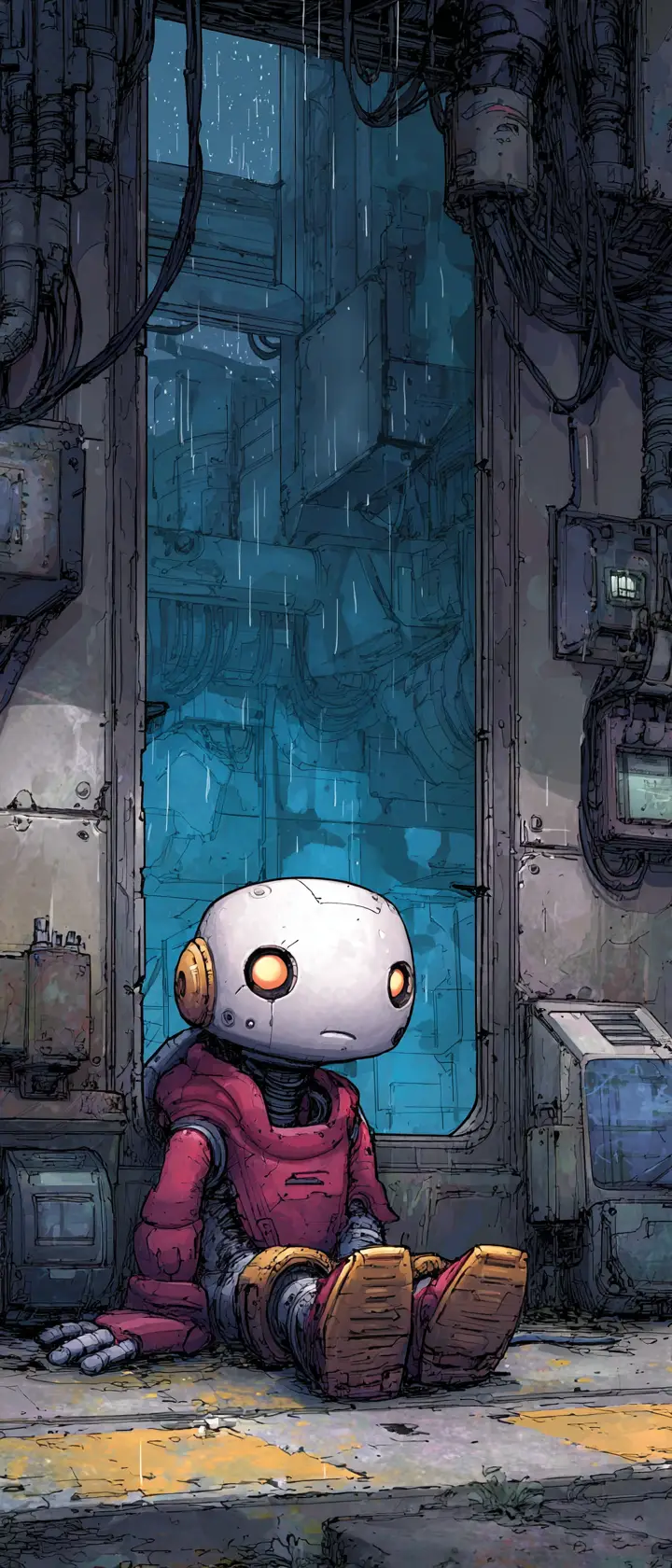 Sad robot sitting in a bleak industrial interior