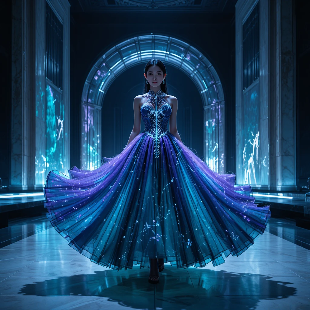 Modelo coreana con vestido de plasma fractal amatista brillante en la pasarela