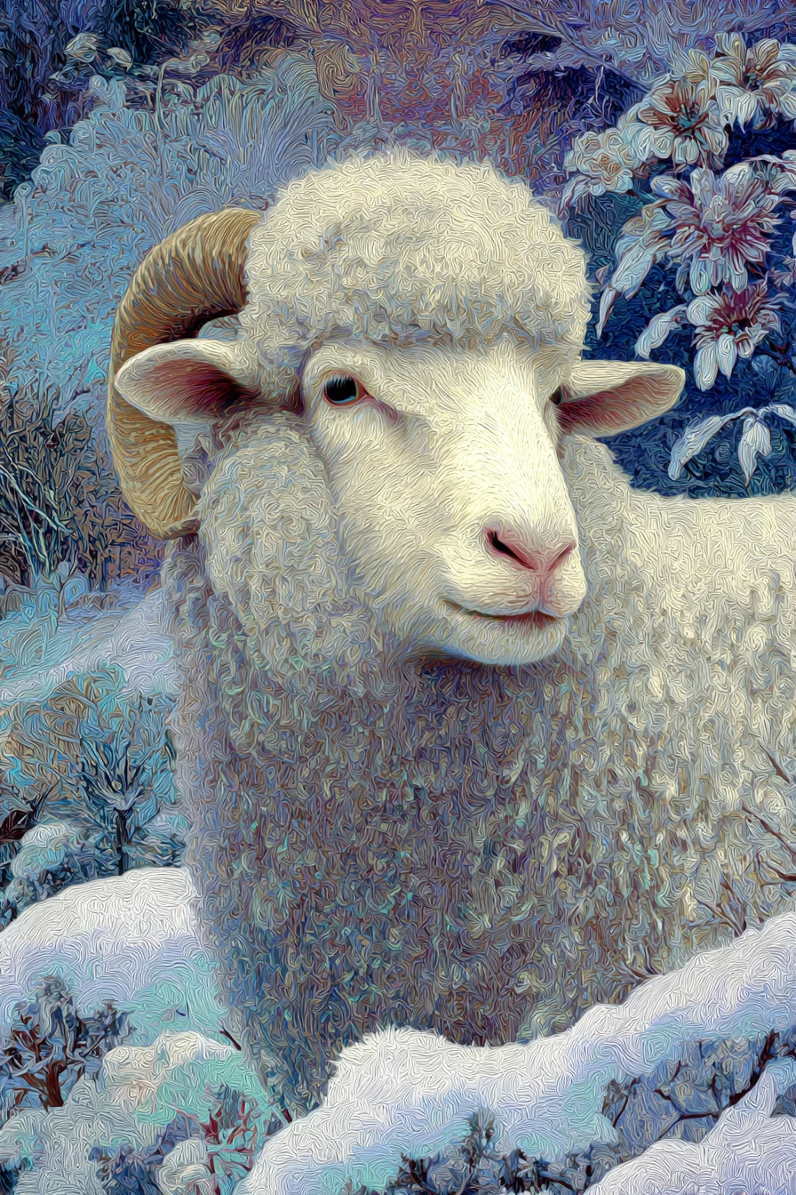 Ethereal Anthropomorphic Sheep In A Snowy Fantasy Landscape