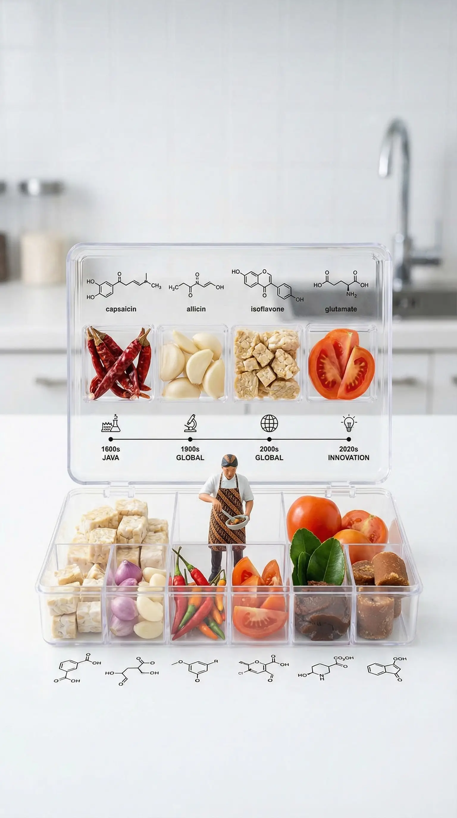 Scientific style vegetarian tempeh sambal lab kit scene