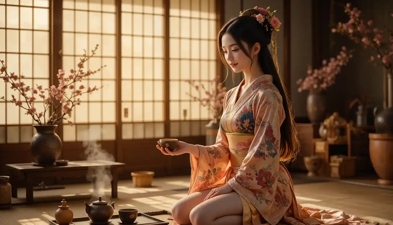 Elegant girl in pink kimono serving matcha on tatami