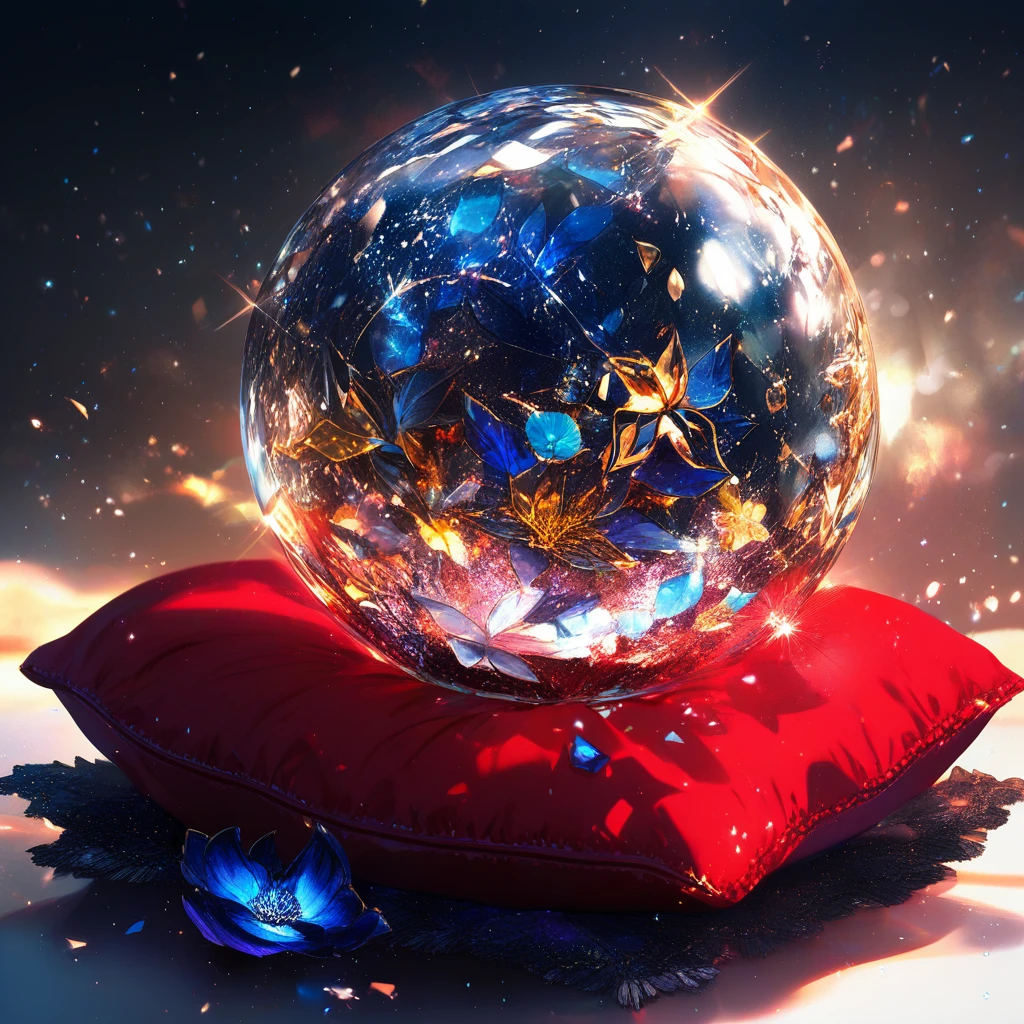 Shimmering Glass Sphere With Blue Flower On Velvet Cushion